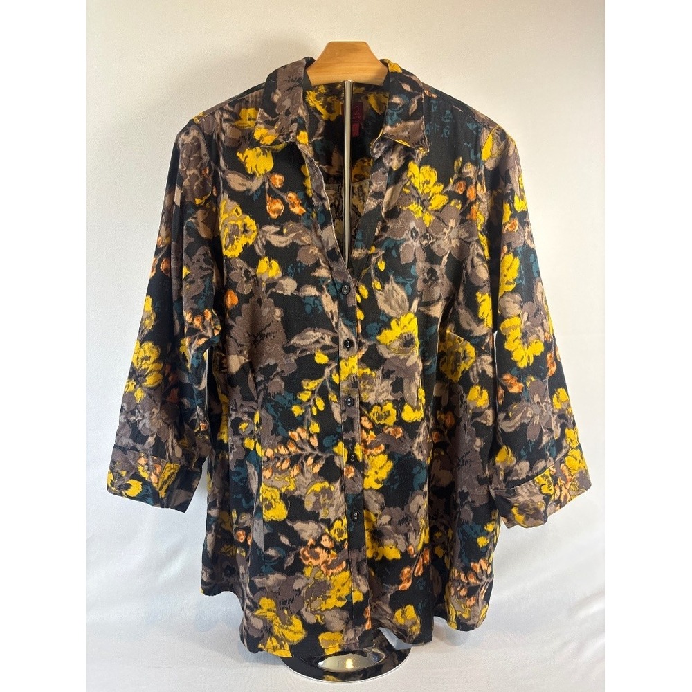 212 Collection Floral Stretch Button Shirt Black Yellow Size 1X Tunic Top
